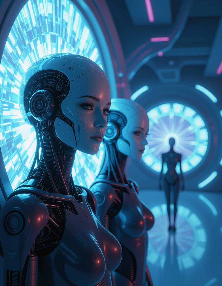 Ethereal Androids in Dreamlike Sci-Fi Landscape