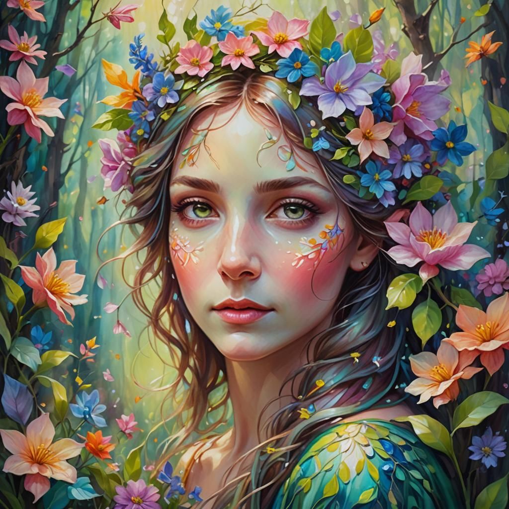 Blooming Spring Fae Portrait in Oil Painting Style