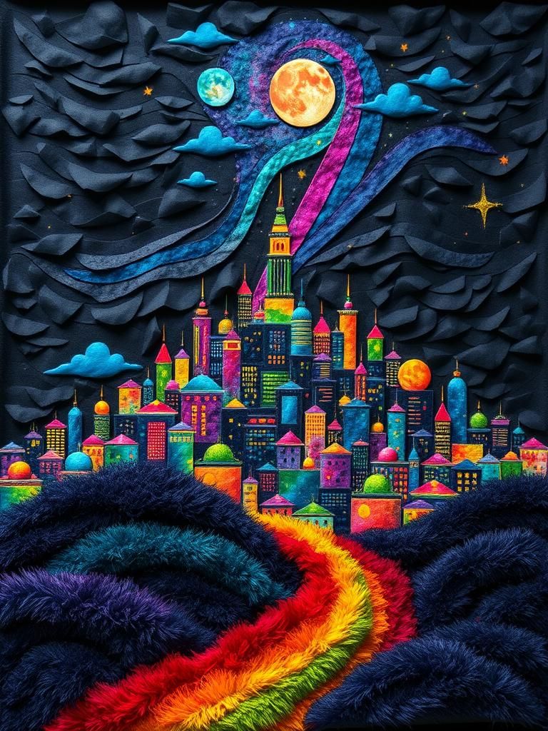 Glowing Metropolis on a Hill with Rainbow Rug