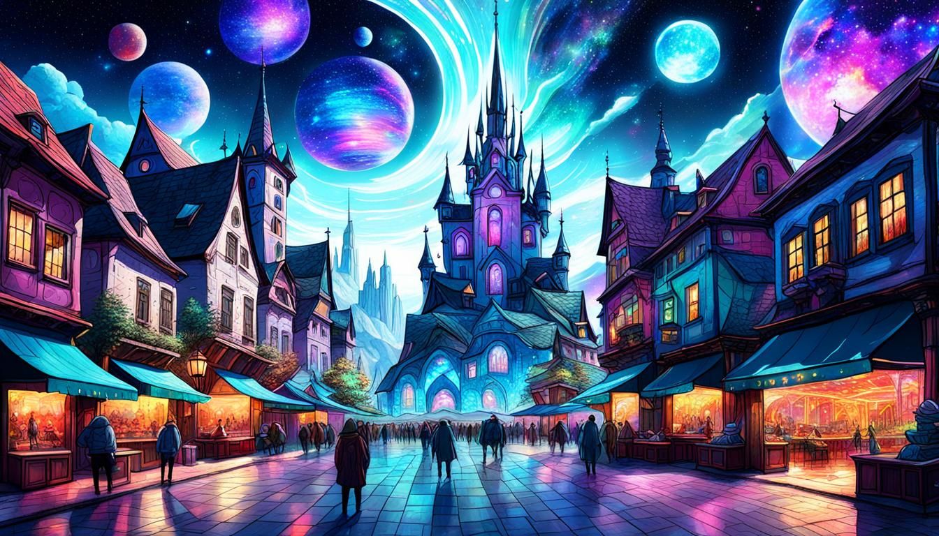 Fantasy Town Square: Holographic Cosmic Illustration