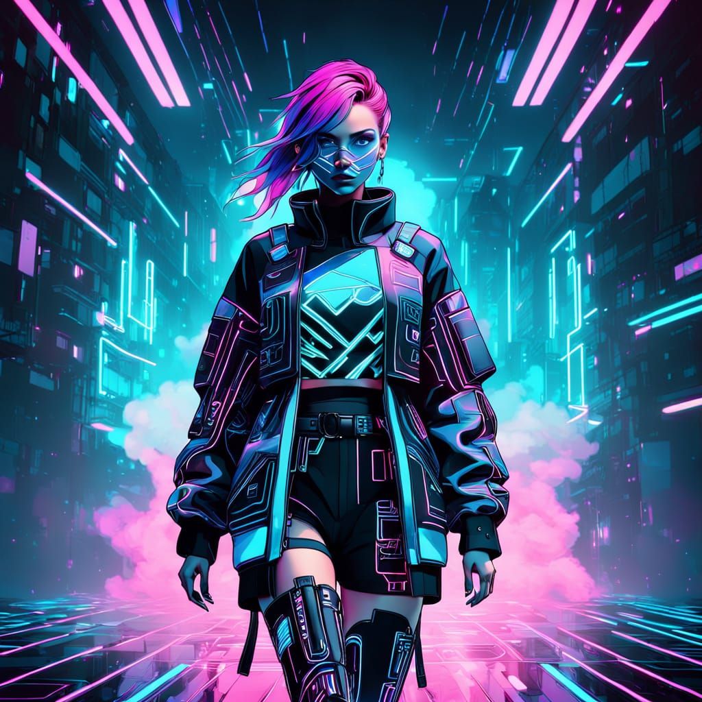 Cosmic Fashion Model on a Neon Runway