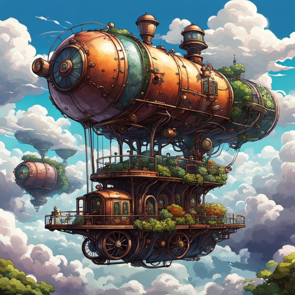 Surreal Steampunk Cloudscapes with Vibrant Vineyard Gardens