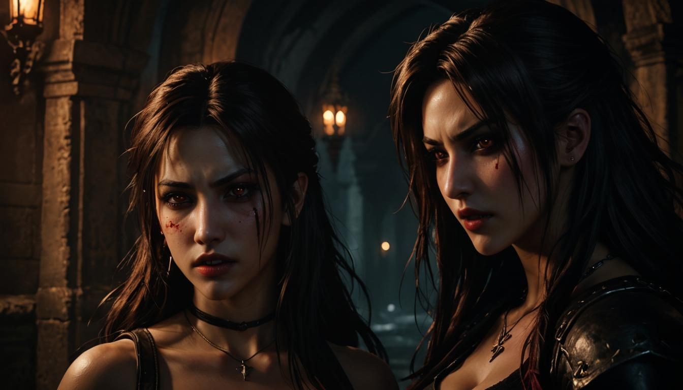 Vampire Portrait: Tifa and Aerith in Gothic Archway
