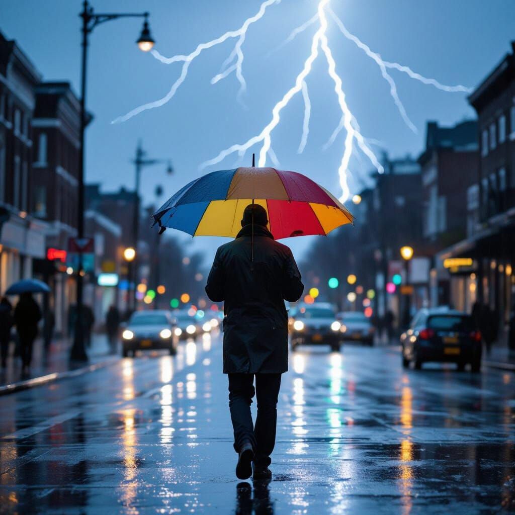Dramatic Lightning Strikes Near Man with Umbrella