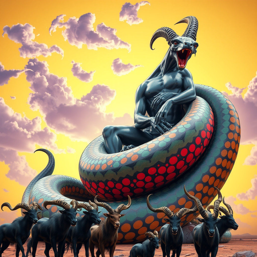 Colossal Serpent Coiled Around Marble Satyr Statue