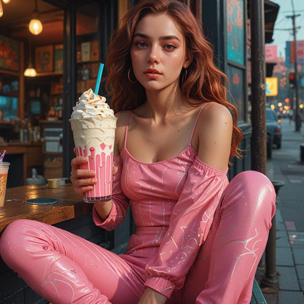 Elegant Woman with Vibrant Hair and Milkshake in Kaleidoscop...