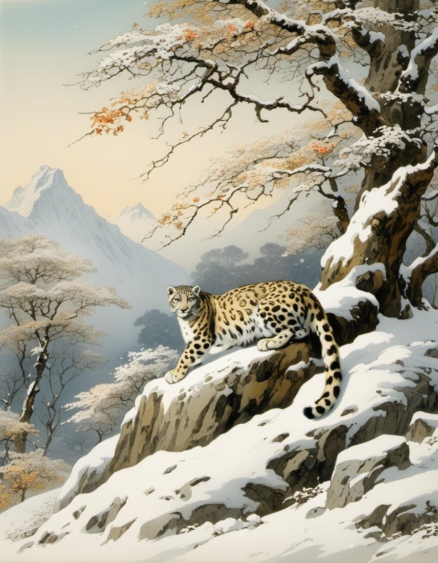 Vintage Ink Drawing of a Snow Leopard