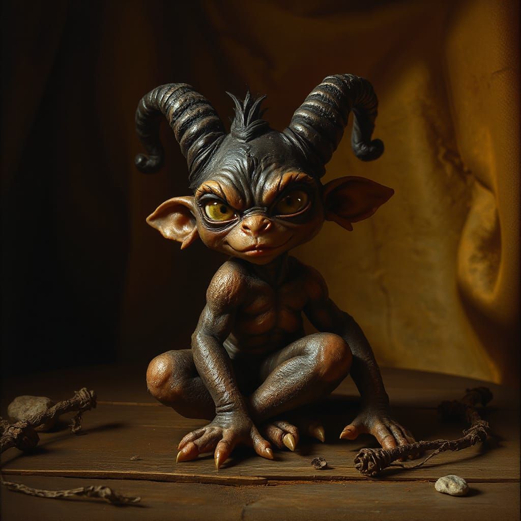 A whimsical, diminutive imp, reminiscent of Jean-Baptiste Monge's style, sits in a dimly lit, mystical environment, bath...