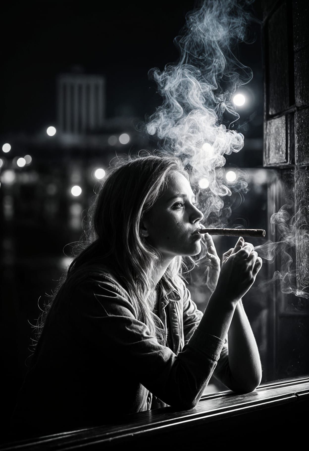 Woman Smoking Cigar in Naval Port at Night