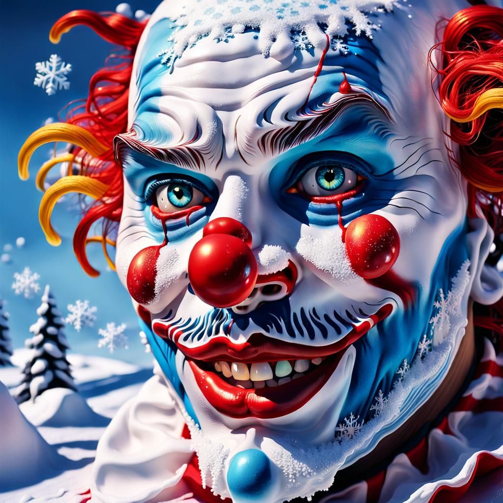 Clown Melts into Snow: A Surrealist Close-Up