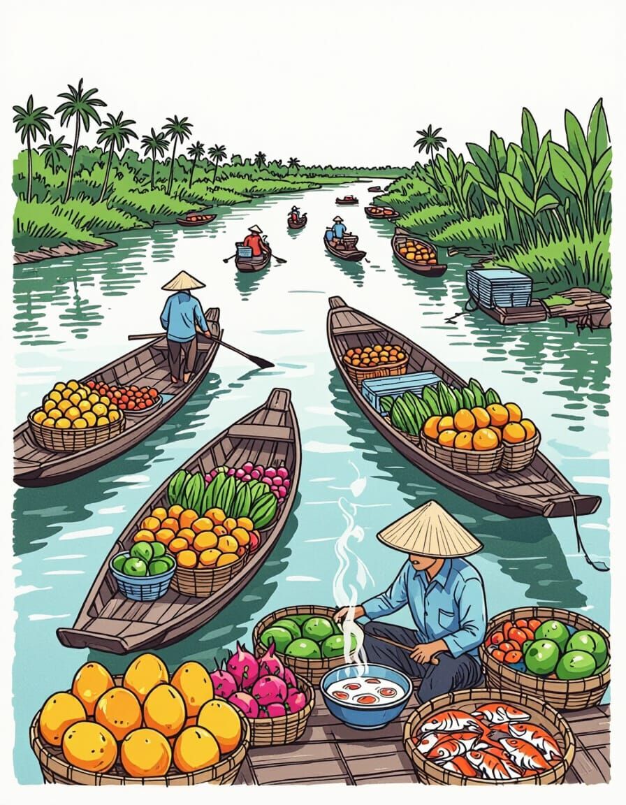 Floating Market in Vietnam: Japanese Woodblock Style