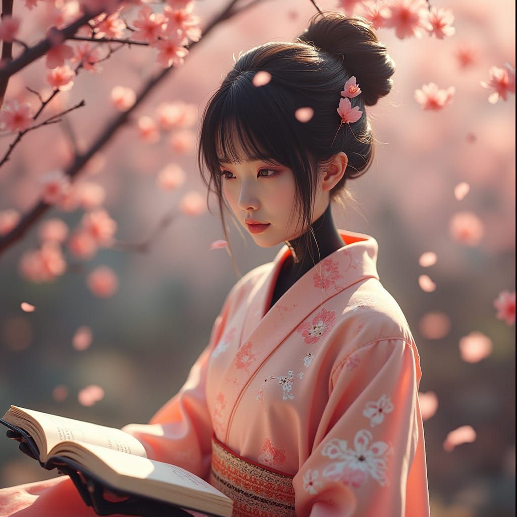 Japanese Hyperrealistic Beauty Among Cherry Blossoms in a Wh...