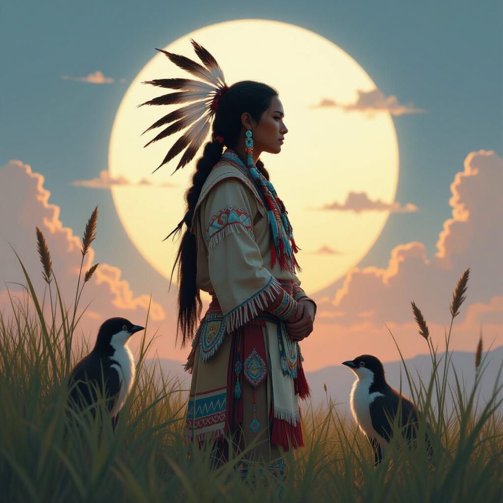 Contemplative Cherokee Figure in a Fantastical Landscape