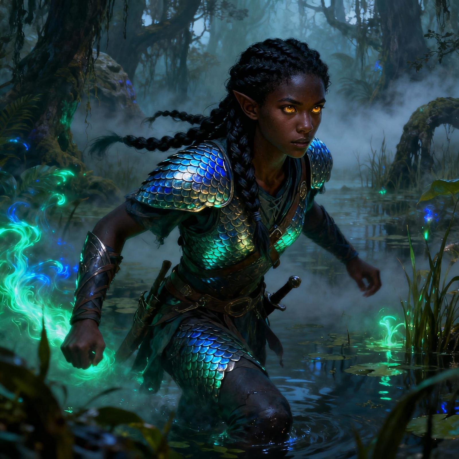 Mysterious Ranger in Enchanted Swamp: Fantasy Concept Art