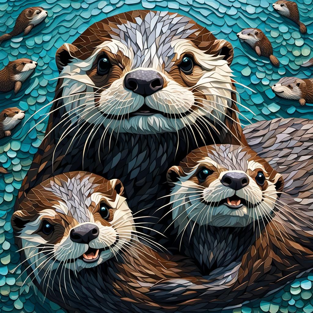 Happy Otter Family Swimming: A Paper Mosaic