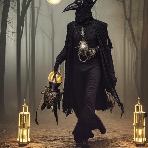 Dystopian Plague Doctor with Gold Neon Mask
