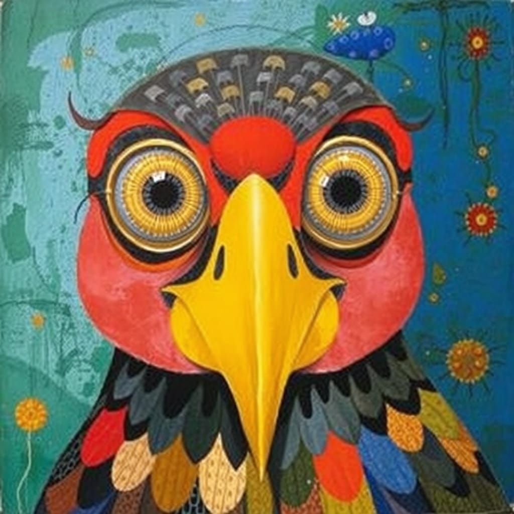 Vibrant Folk Art Bird Portrait in Mixed Media Style