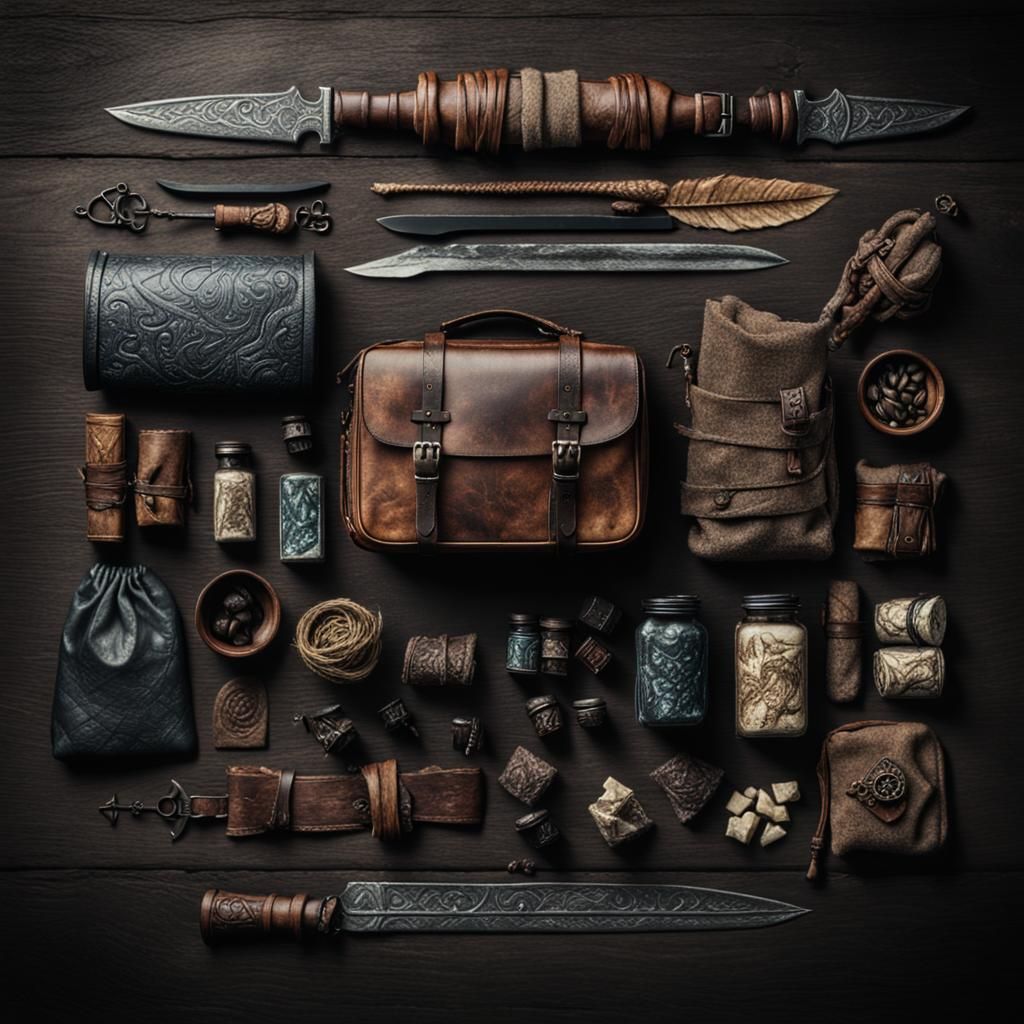 Knolling of Dovahkiin's Bag from Skyrim in 64K
