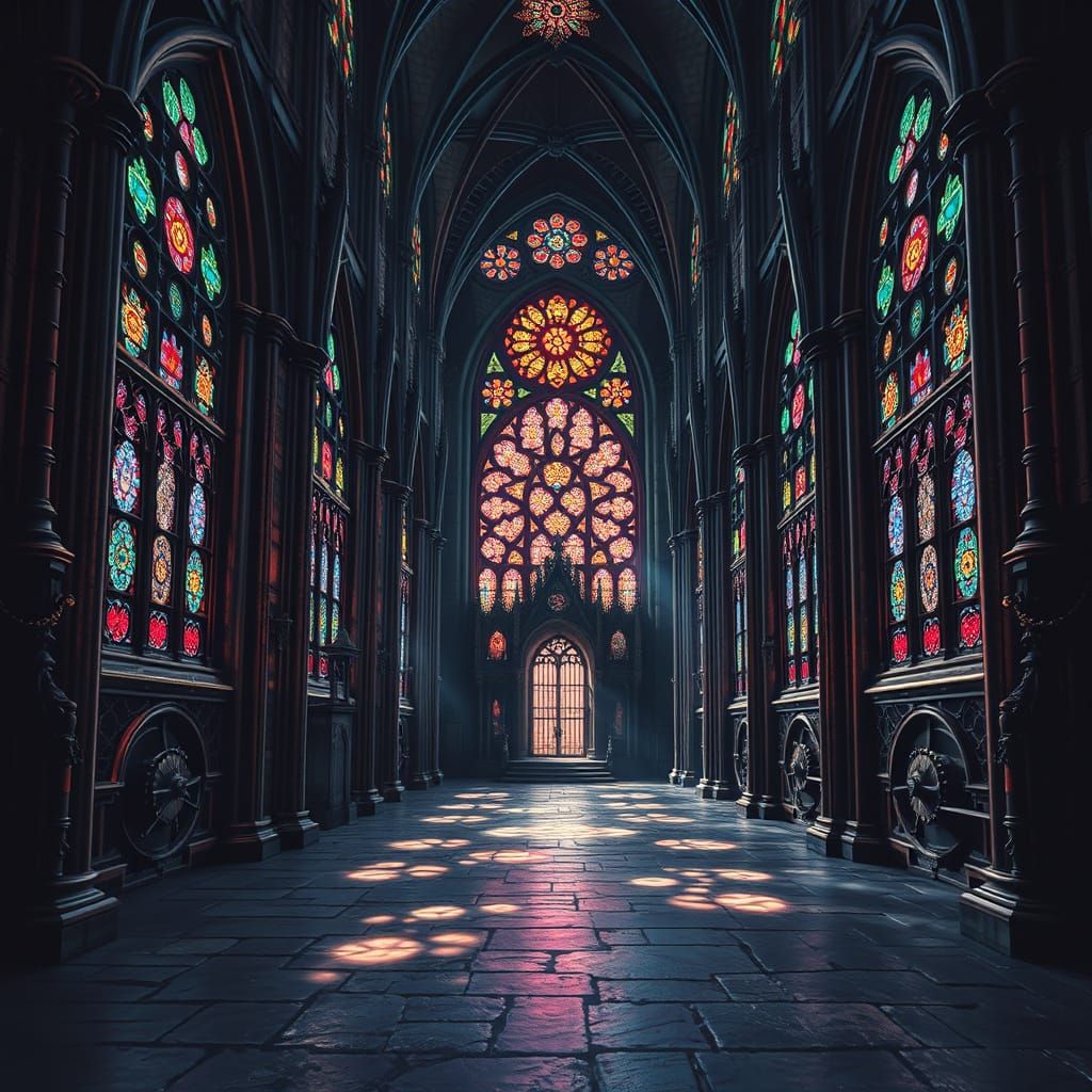 Gothic Cathedral with Steampunk Stained Glass in Dark Fantas...