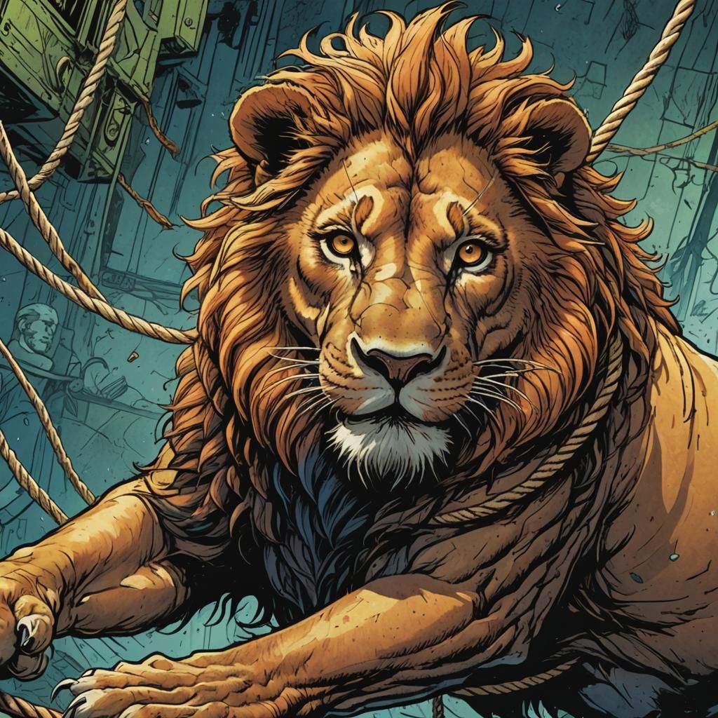 Lion Freed by Mouse: Dynamic Comic Book Art