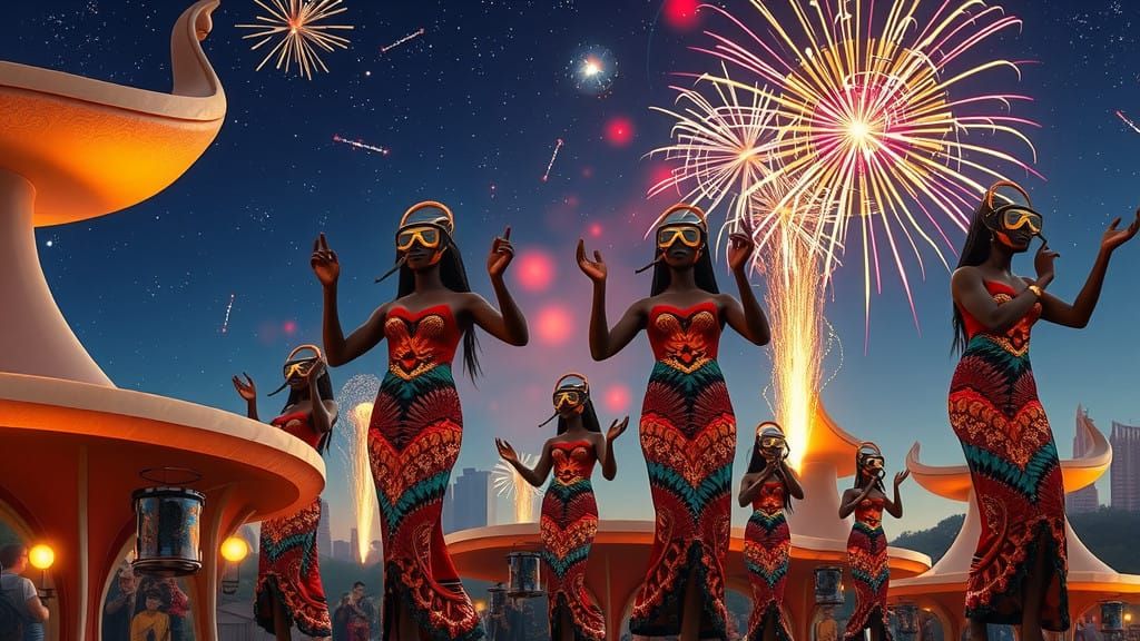 Surreal African Dancers in Hundertwasser-Inspired Cityscape