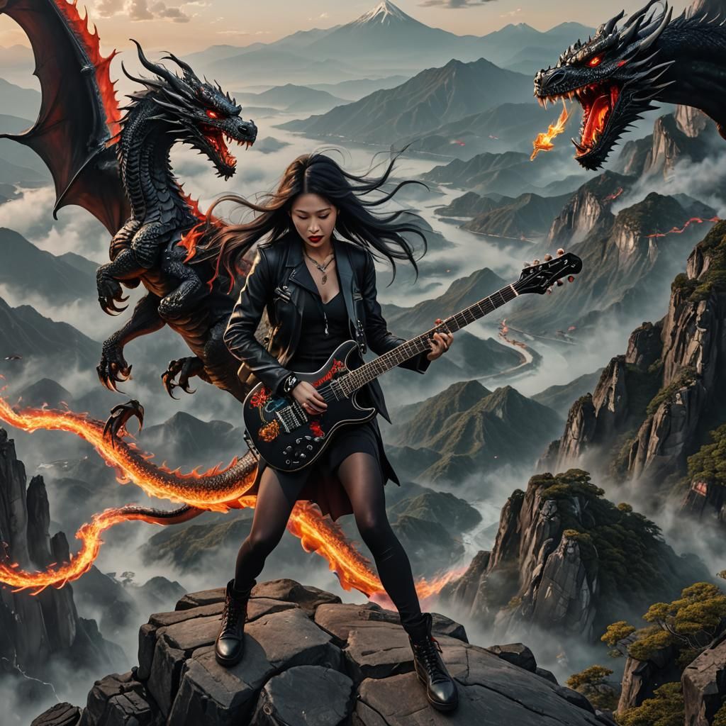 Japanese Guitarist with Dragon in Hyperrealistic Style