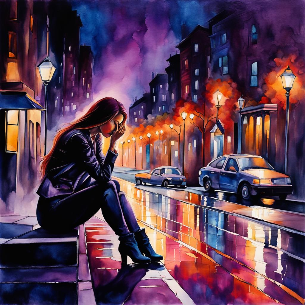 Woman in Moody Cityscape: Surreal Alcohol Ink Art