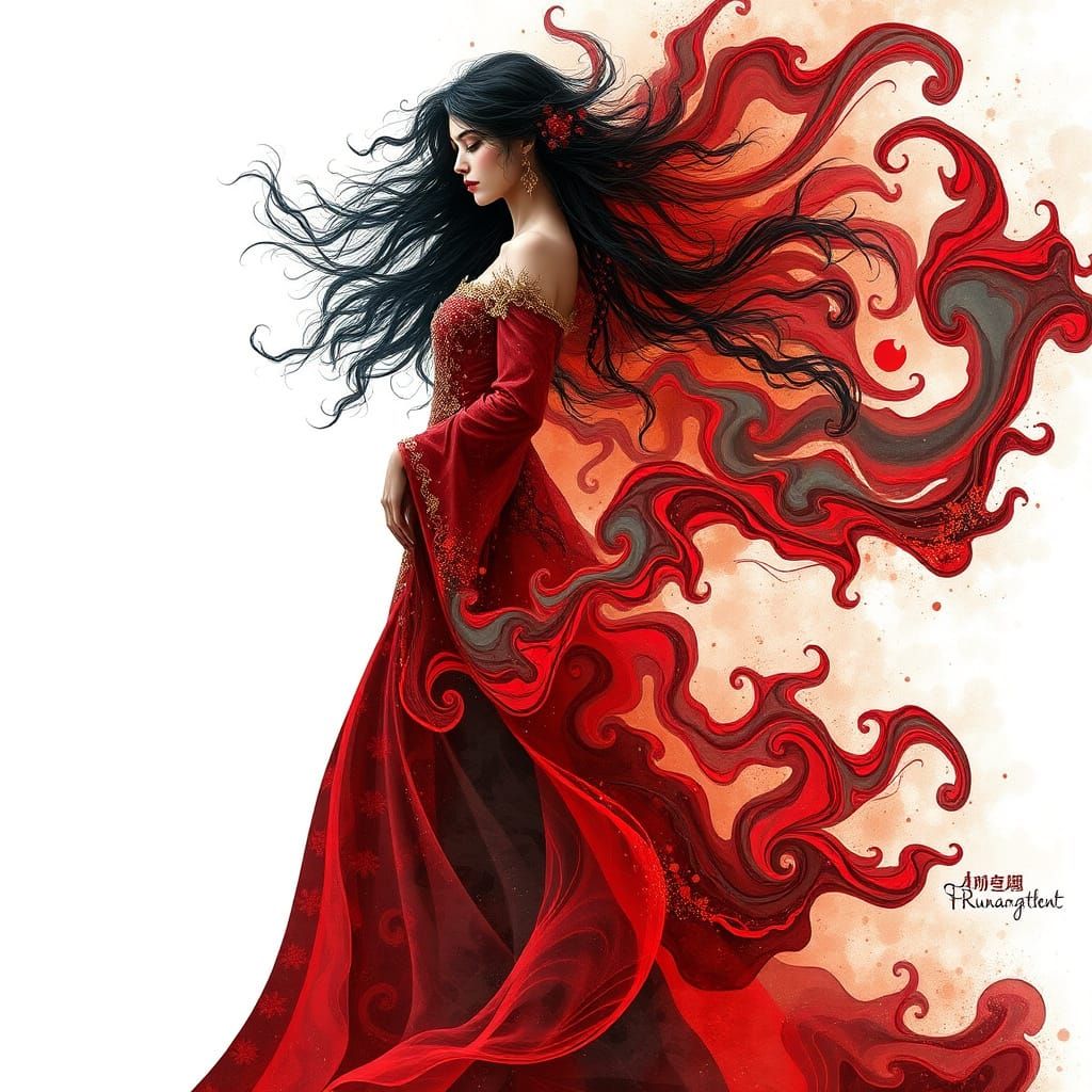 Double Exposure: Woman Merged with Abstract Fluid Dynamics