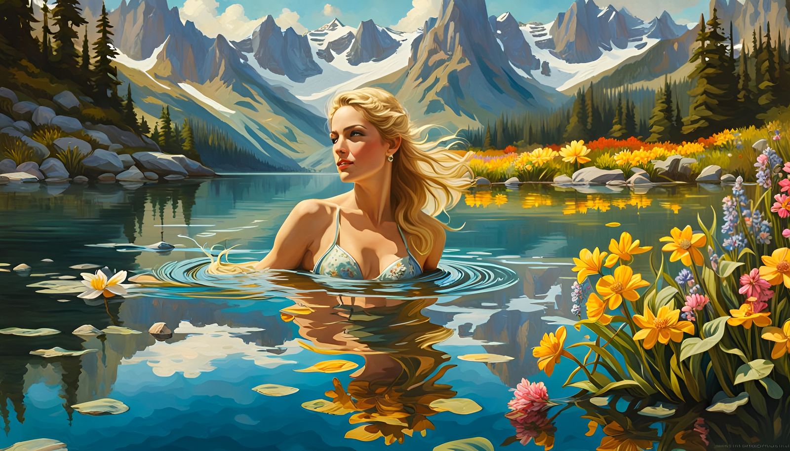 Norwegian Goddess Swimming in Mountain Lake