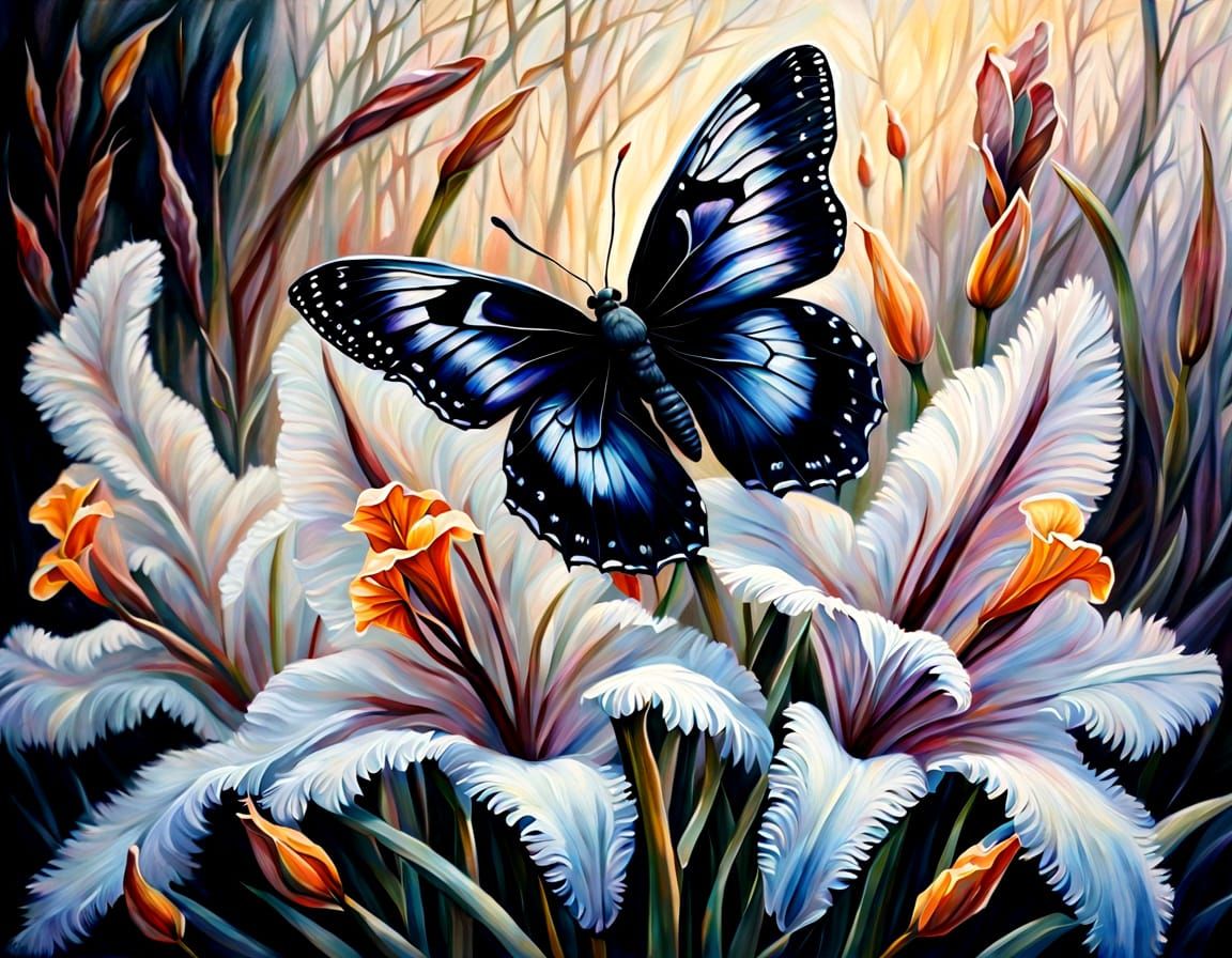 Plush Moth on Frosty Flowers Oil Painting