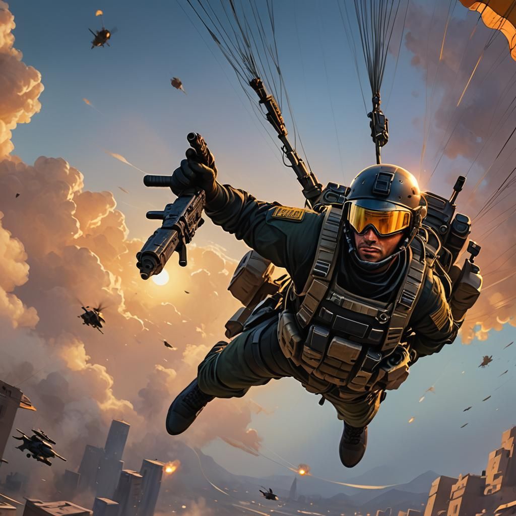 SWAT Commando Gliding at Dusk in Splash Art Style