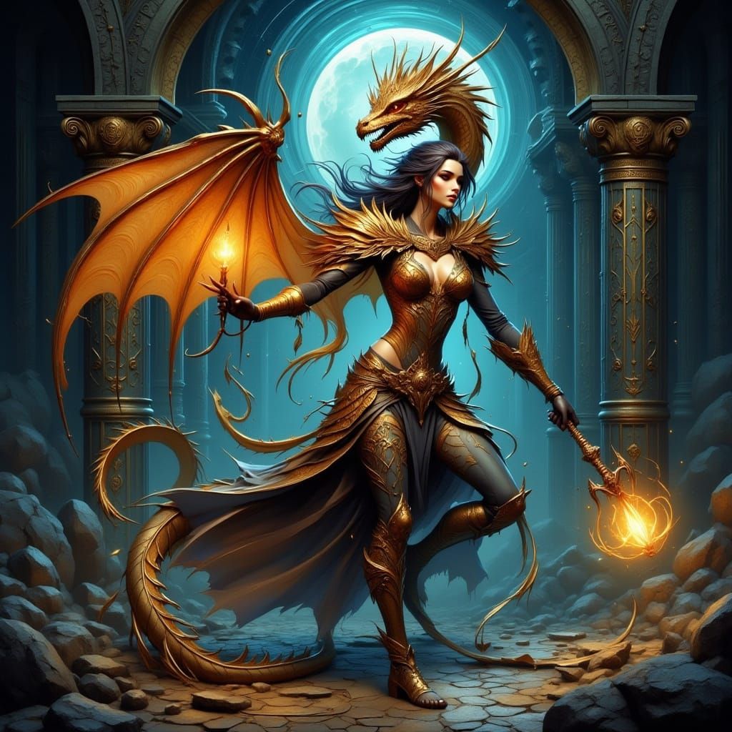 Golden Dragonborn Bard in Ancient Ruin, in High-Fantasy Art ...