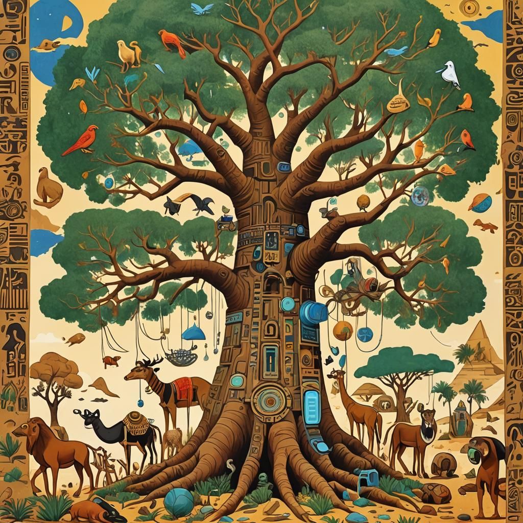 Ancient Earth Tree with Egyptian Tech in Gouache