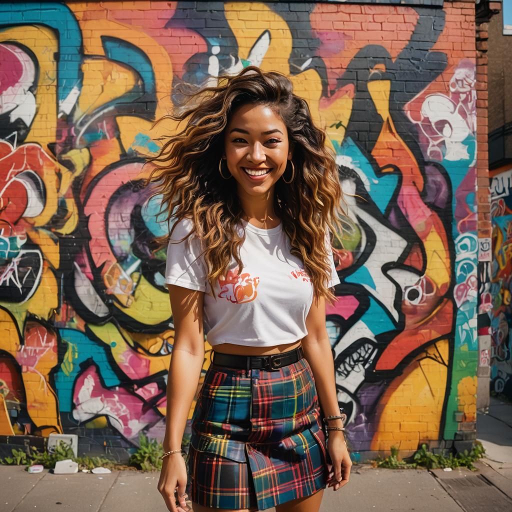 Pop Art Woman in Mini Skirt With Street Art Mural