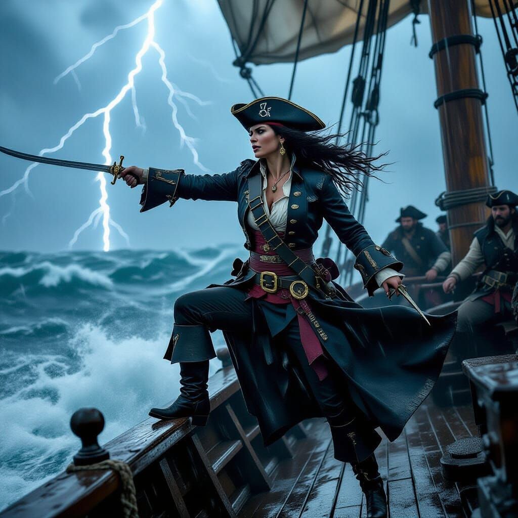 Defiant Pirate Captain Leads Crew Through Storm