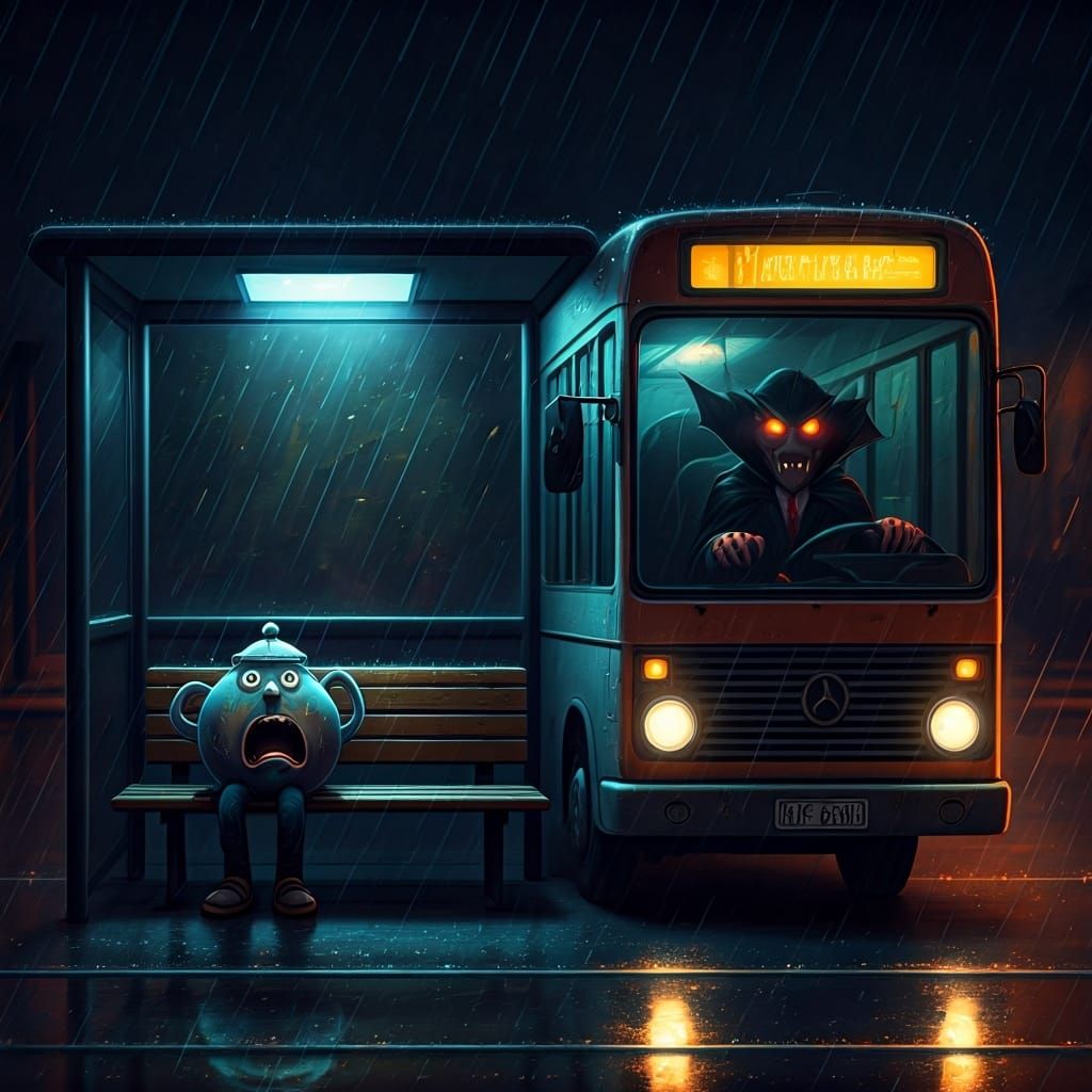 Terrified Teapot at Bus Stop in Rain