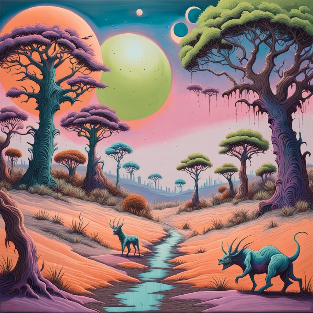 Alien Savannah Scene in Pastel Graffiti Art
