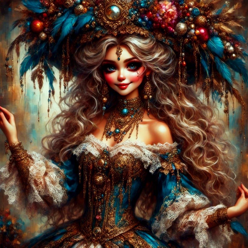 Victorian Doll Dancer with Musical Swirls