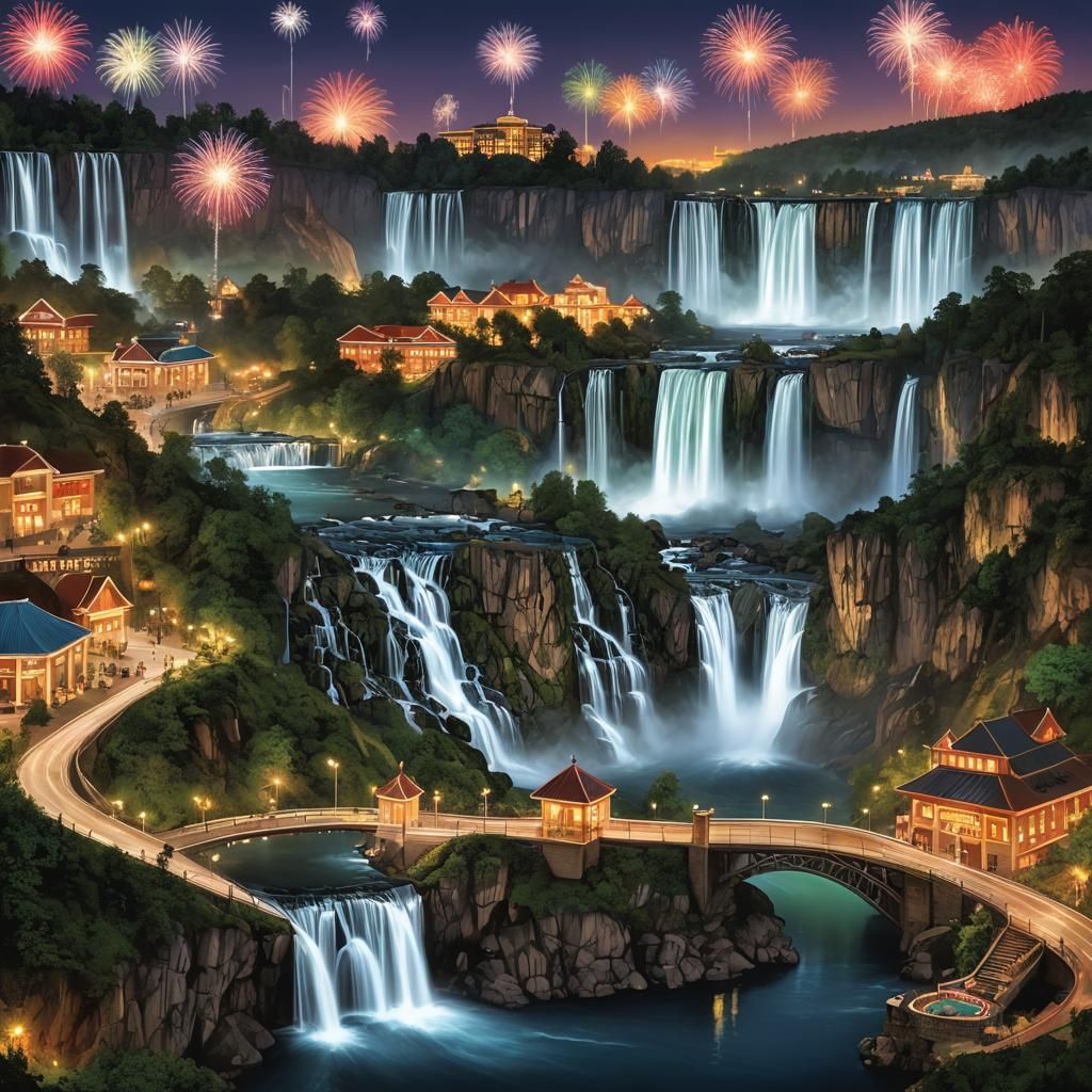 Vibrant Border Cityscape with Illuminated Waterfalls