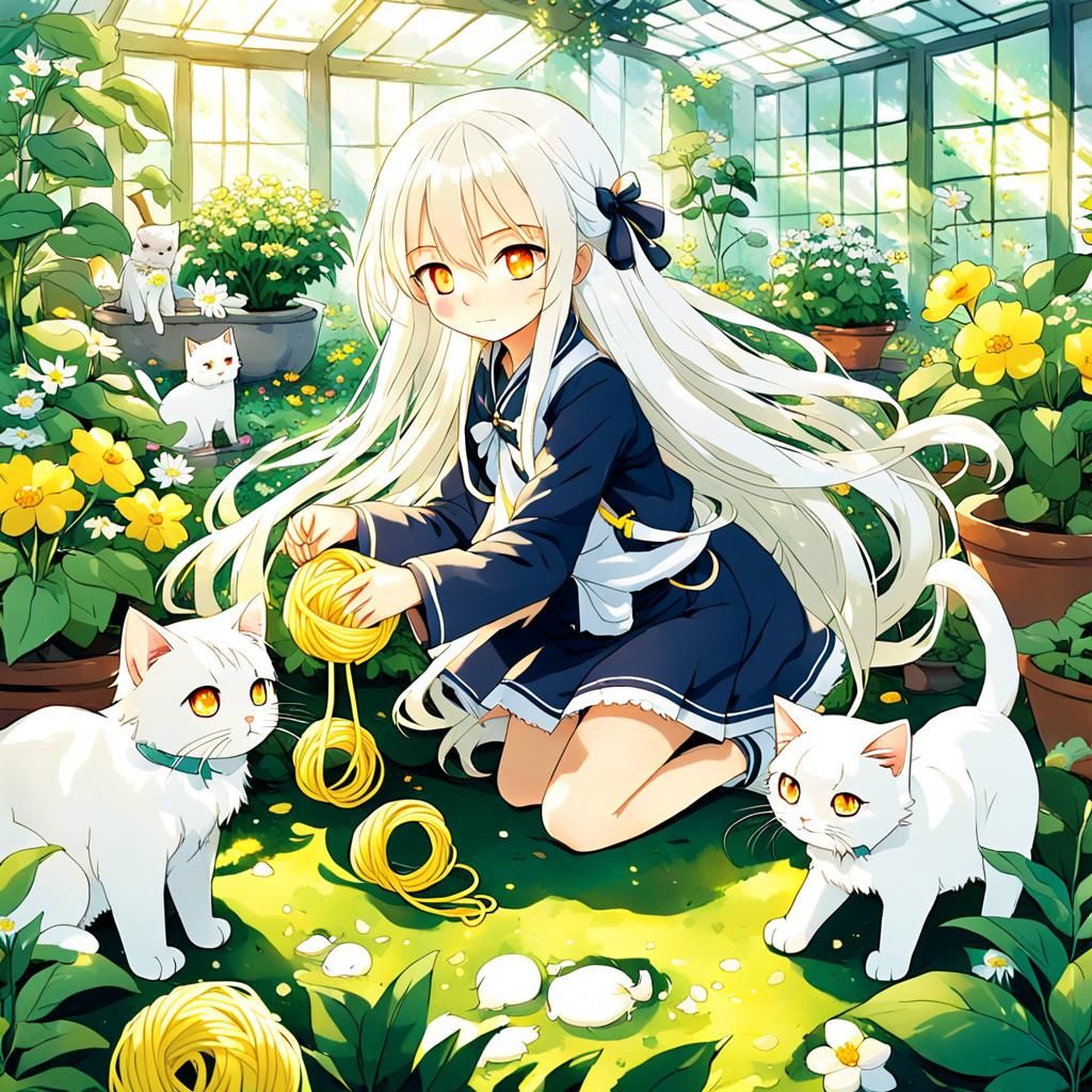 Anime Girl in Indoor Garden with Cats