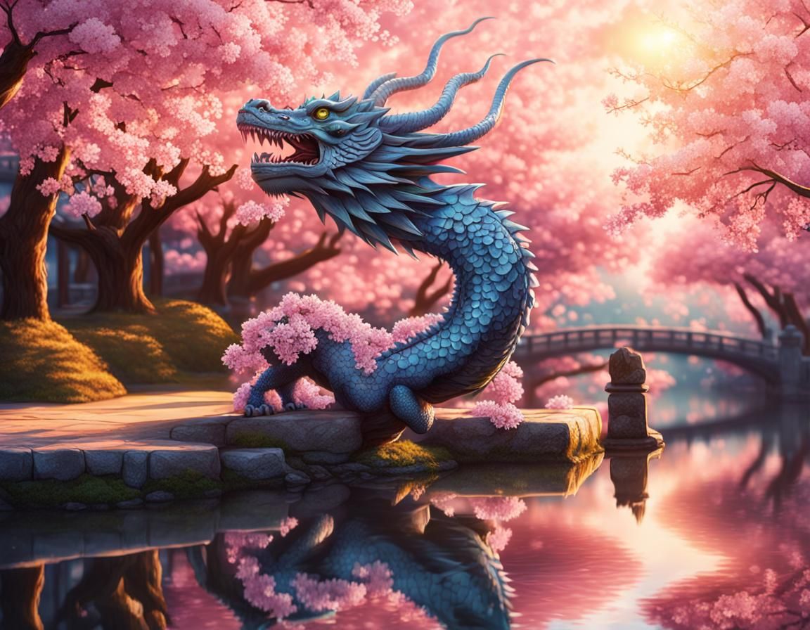 Friendly Dragon Emerges in Cherry Blossom Garden
