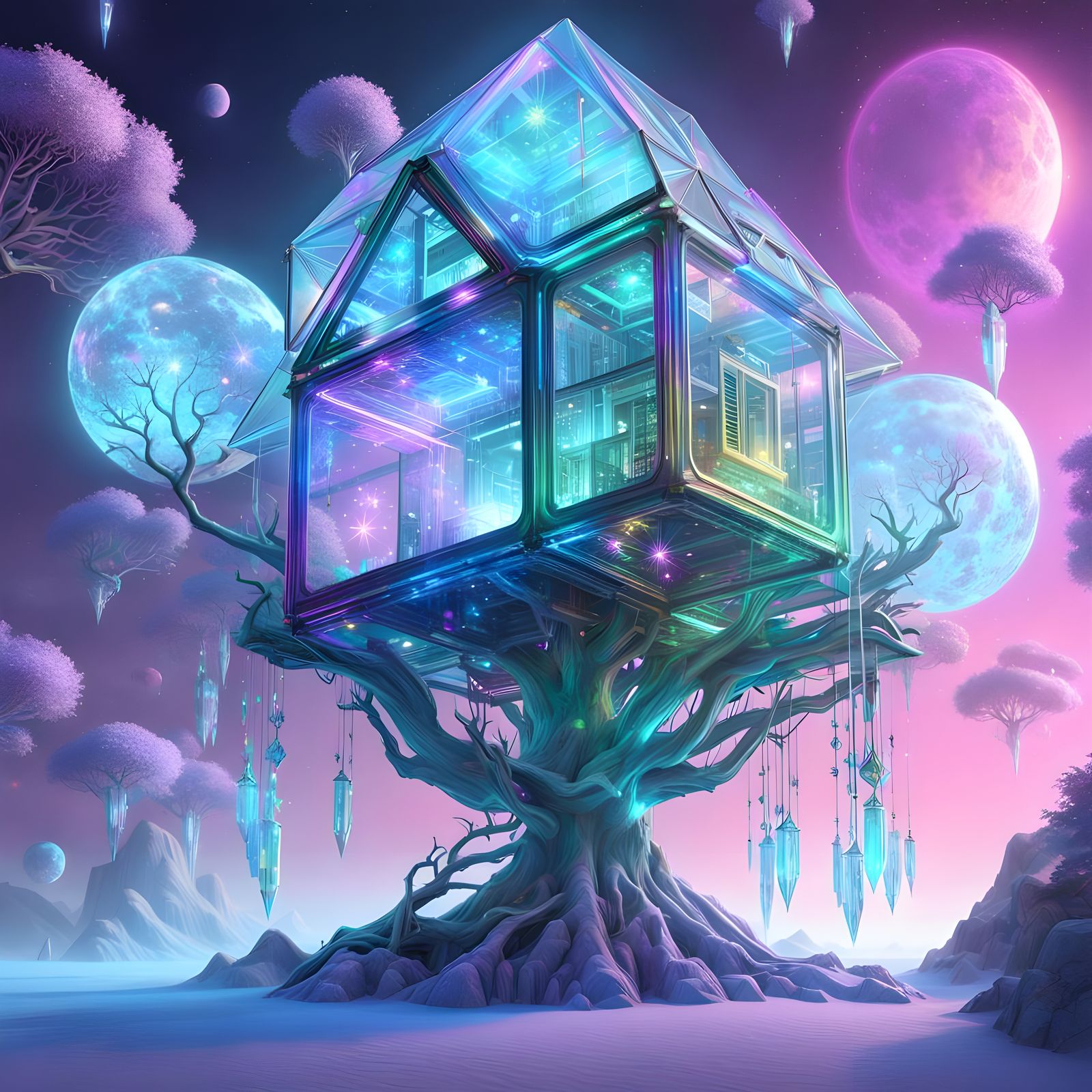 Crystal Alien Treehouse in Bioluminescent Fractal Style