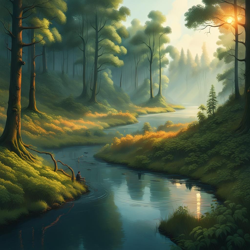 Serene Forest River Landscape in Matte Painting Style
