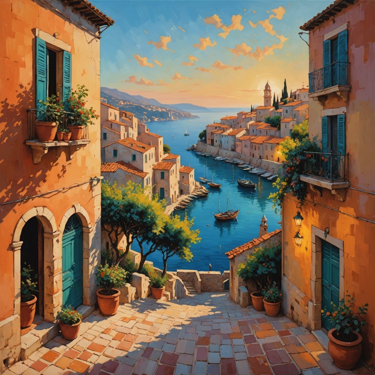 Mediterranean Harbor at Dusk in Impressionistic Style