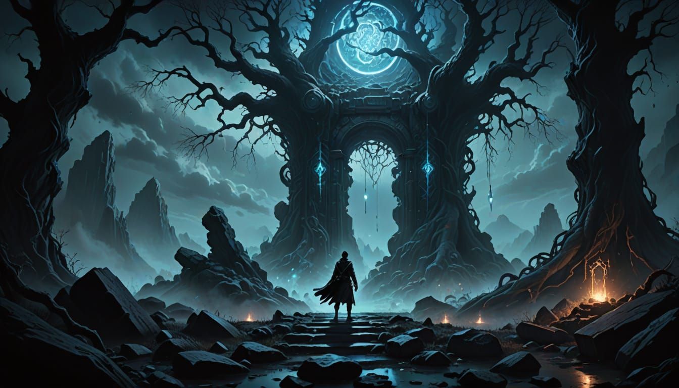 Surreal Dark Fantasy Portal Scene in Cinematic Style