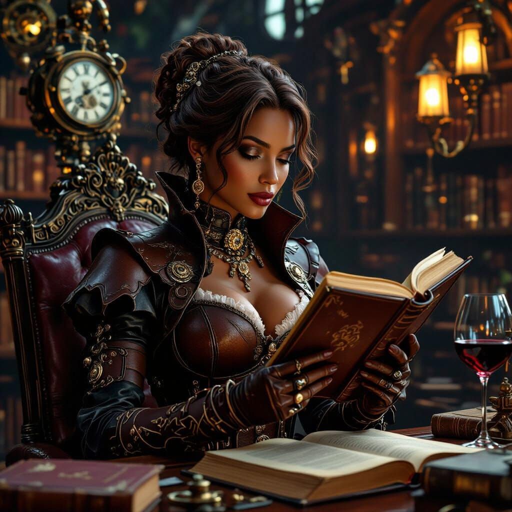 Steampunk Woman Reading in Ornate Library