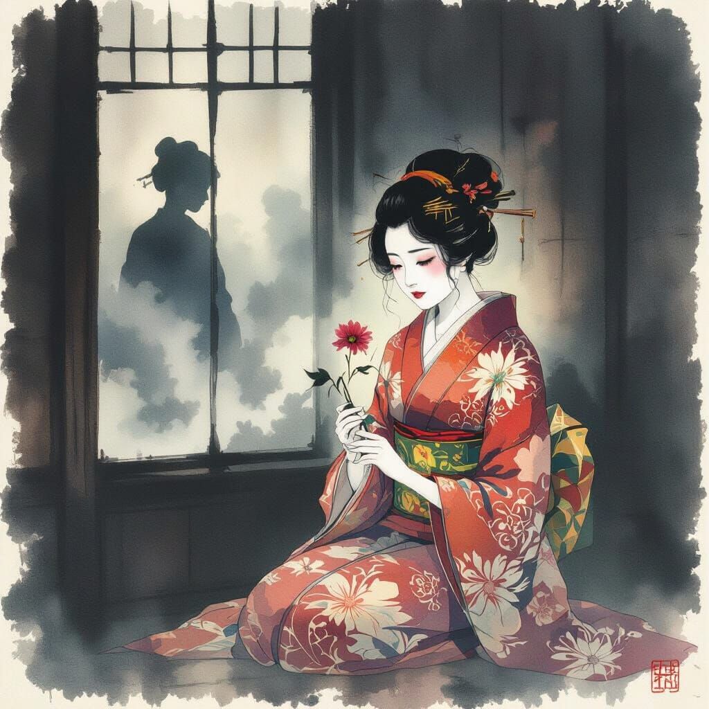 Melancholic Woman in Vintage Kimono with Wilting Flower