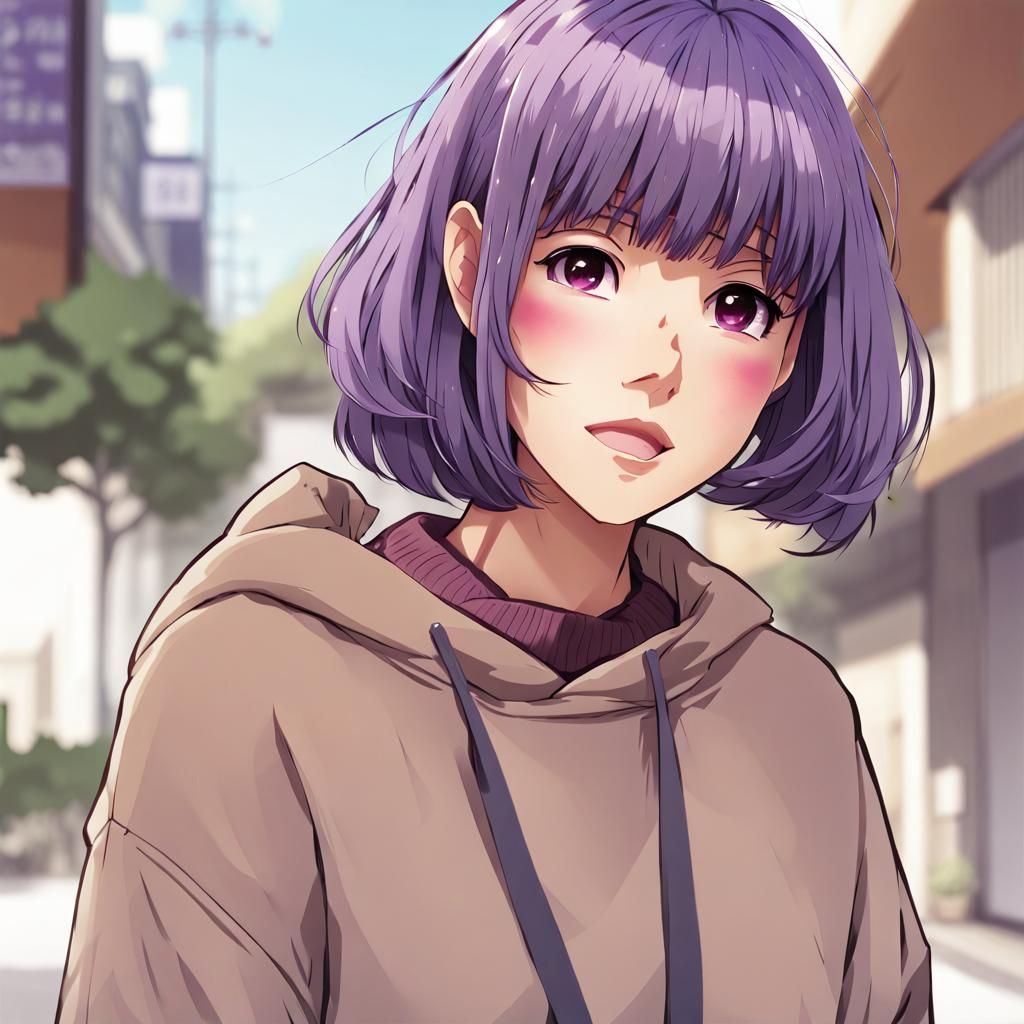 Anime Style Portrait of a Woman with Purple Hair