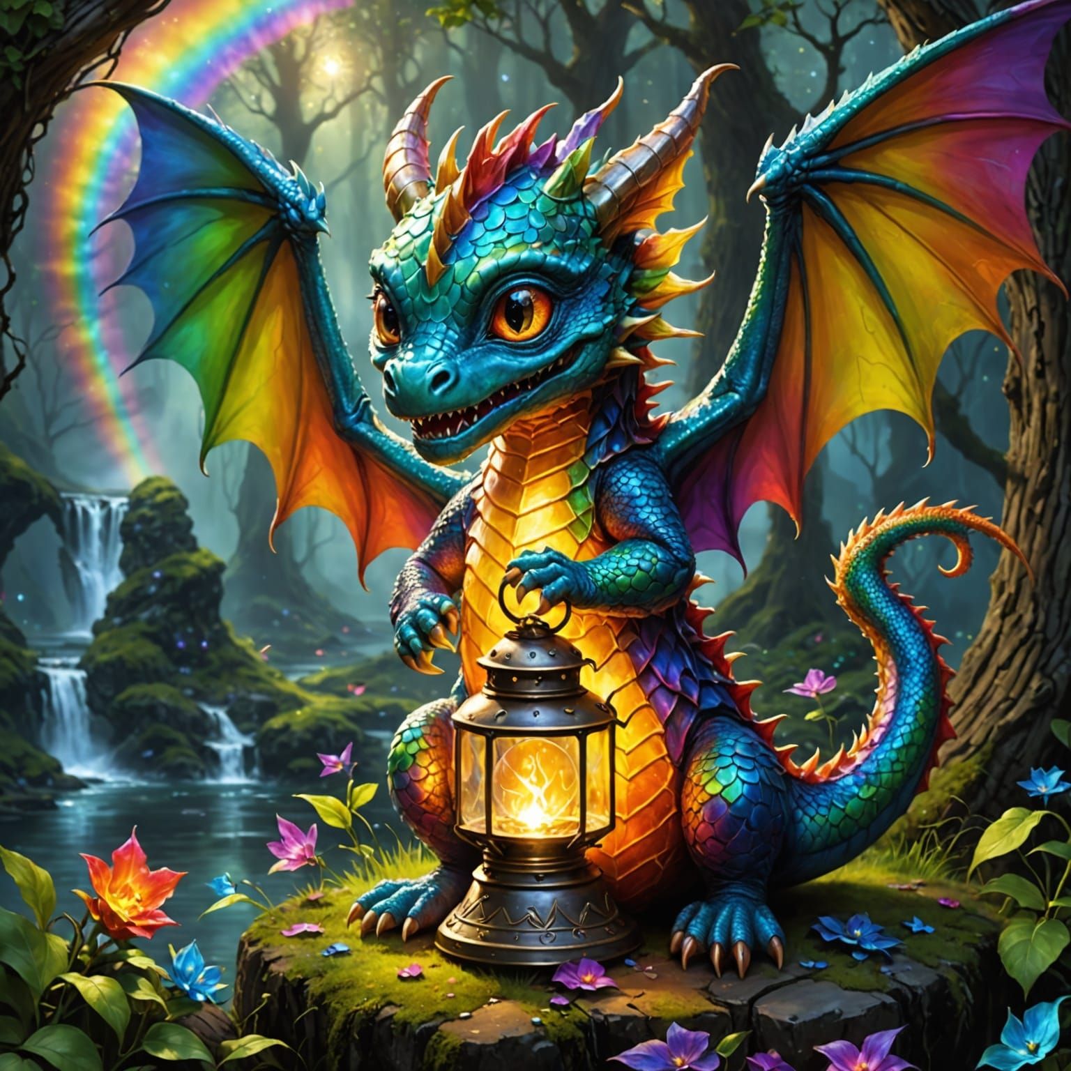 Mystic Baby Dragon Guides Hedge Witch with Empathy Crystalin...