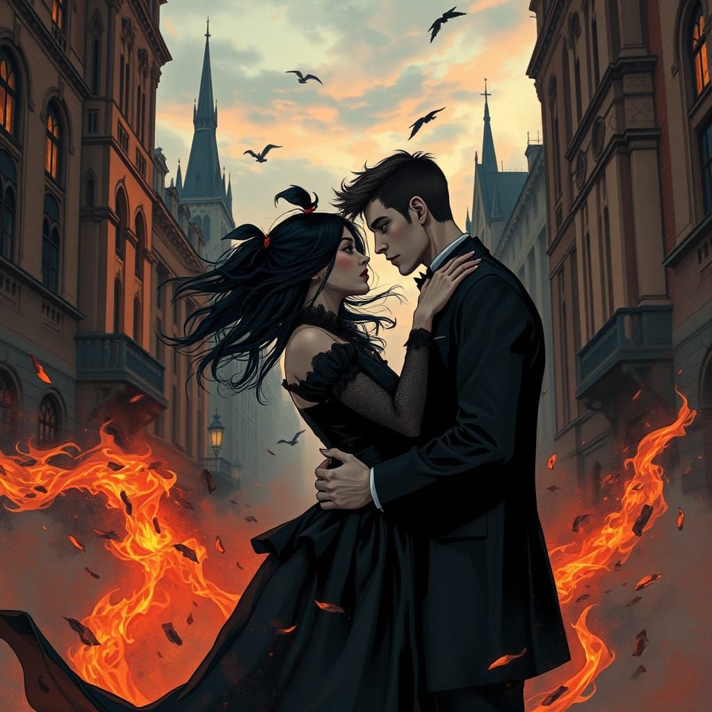 Goth Love Amidst Whirlwind of Ashes in Cityscape Dusk
